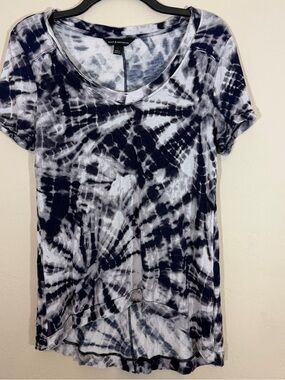 Rock & Republic Tie Dye V Neck High Low Short Sleeve Tee Blue & White Size Small